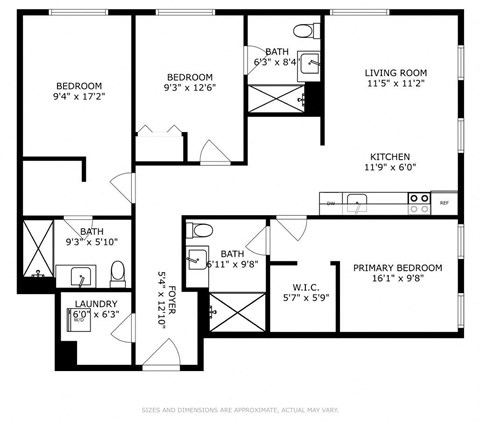 Floor plan for 3 beds, 3 baths, 1200 sqft